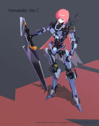 Rule 34 | 1girl, android, commentary, english commentary, full body, grey background, highres, holding, holding sword, holding weapon, humanoid robot, joints, long hair, looking at viewer, original, pink hair, planted, planted sword, planted weapon, red background, red eyes, robot, robot joints, shadow, simple background, solo, standing, sword, tsurime, two-tone background, ushas, very long hair, weapon