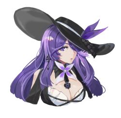 Rule 34 | 1girl, breasts, character request, cleavage, closed mouth, copyright request, cropped torso, earrings, hair over one eye, hat, highres, jewelry, large breasts, long hair, looking at viewer, lumeru 33, neck flower, one eye covered, purple eyes, purple hair, simple background, solo, sun hat, upper body, white background