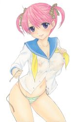 Rule 34 | 1girl, blush, breasts, collarbone, green panties, large breasts, long sleeves, looking at viewer, neckerchief, nipple slip, nipples, ozaki mirai, panties, partially unbuttoned, pink hair, purple eyes, school uniform, scrunchie, see-through, shirt, short hair, side-tie panties, smile, socks, standing, striped clothes, striped panties, sugimoto ai, twintails, underwear, undone neckerchief, white background, white legwear, white shirt, yellow neckerchief