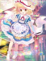 Rule 34 | 1girl, :d, amo (shibu3), blonde hair, blue dress, blush, bobby socks, bow, collarbone, commentary request, dress, hair between eyes, hat, head tilt, highres, holding, kana anaberal, looking at viewer, open mouth, puffy short sleeves, puffy sleeves, road sign, short sleeves, sign, skirt hold, smile, socks, solo, sun hat, touhou, touhou (pc-98), white bow, white hat, white socks, yellow eyes