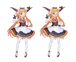 Rule 34 | 1girl, ;d, absurdres, alternate costume, bad id, bad pixiv id, bespectacled, blonde hair, blush, bow, bowtie, glasses, hand on own hip, high heels, highres, horn ornament, horn ribbon, horns, ibuki suika, long hair, looking at viewer, maid headdress, mio-muo1206, one eye closed, open mouth, pantyhose, red-framed eyewear, red eyes, ribbon, semi-rimless eyewear, simple background, sleeveless, smile, solo, touhou, under-rim eyewear, white background, white pantyhose, wrist cuffs