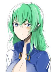 Rule 34 | 1girl, blue eyes, blue jacket, blush, borrowed character, breasts, cleavage, doko tetora, green hair, highres, jacket, large breasts, long hair, looking at viewer, original, simple background, solo, upper body, white background