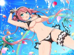 Rule 34 | 1girl, airi (queen&#039;s blade), airi (queen's blade), airi (the infernal temptress), apron, arm up, armpits, beach, bikini, black bikini, black bow, black ribbon, blue eyes, blue sky, bow, breasts, bridal garter, cloud, collar, crossover, day, falling petals, frilled bikini, frills, gluteal fold, hair bow, hair ribbon, highres, legs, long hair, looking at viewer, maid, maid apron, maid bikini, maid headdress, medium breasts, midriff, navel, neck ribbon, ocean, official art, open mouth, outdoors, petals, queen&#039;s blade, rainbow, red hair, ribbon, senran kagura, senran kagura new link, sky, solo, standing, stomach, sun, sunlight, swimsuit, thigh strap, thighs, tree, twintails, two side up, unconventional maid, very long hair, water, water drop, wrist cuffs, yaegashi nan