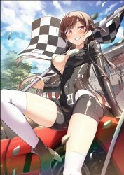 Rule 34 | 1girl, blue sky, boots, breasts, brown eyes, brown hair, car, checkered flag, cluseller, day, falling leaves, flag, grin, high heel boots, high heels, holding, holding flag, kanojo okarishimasu, large breasts, leaf, long hair, mizuhara chizuru, motor vehicle, outdoors, race queen, sitting on car, sky, smile, solo, sports car, thighhighs, white thighhighs