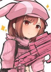 Rule 34 | &gt;:), 1girl, animal ears, animal hat, blush, brown eyes, brown hair, bullpup, closed mouth, commentary request, gloves, gun, hat, holding, holding gun, holding weapon, jacket, llenn (sao), long sleeves, looking at viewer, noa yj, p-chan (p90), p-chan (sao), p90, personal defense weapon, pink gloves, pink hat, pink jacket, pink theme, rabbit ears, rabbit hat, simple background, smile, solo, sparkle, submachine gun, sword art online, sword art online alternative: gun gale online, v-shaped eyebrows, weapon, white background