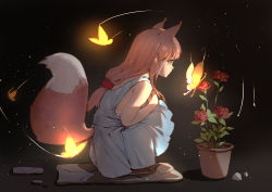 Rule 34 | 1girl, absurdres, animal ears, bare shoulders, black background, blue dress, bra, bug, butterfly, clothing cutout, commentary request, dress, flower, fox ears, fox girl, fox tail, from side, full body, glowing butterfly, highres, insect, long hair, low-tied long hair, ningmeng chamao, original, plant, potted plant, red flower, red hair, red rose, red tail, rose, sidelocks, solo, squatting, tail, tail through clothes, underwear, watching, white bra