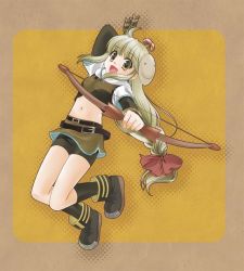 Rule 34 | 1girl, :d, arrow (projectile), black footwear, black socks, blonde hair, bow, bow (weapon), brown eyes, brown shirt, brown shorts, brown skirt, commentary request, cowlick, crop top, full body, hair bow, holding, holding bow (weapon), holding weapon, hunter (ragnarok online), jacket, layered sleeves, long hair, long sleeves, looking at viewer, low-tied long hair, maru (sasayama chikage), mask, mask on head, midriff, miniskirt, mushroom on head, navel, open mouth, ragnarok online, red bow, shirt, shoes, short over long sleeves, short shorts, short sleeves, shorts, shorts under skirt, simple background, skirt, smile, smiley face, socks, solo, weapon, white jacket