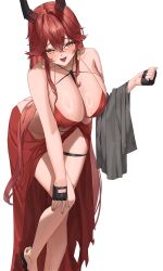 Rule 34 | 1girl, absurdres, black gloves, blush, breasts, cleavage, crossed bangs, dress, evening gown, fingerless gloves, gloves, goddess of victory: nikke, hair between eyes, hand up, highres, large breasts, leaning forward, long hair, looking at viewer, official alternate costume, open mouth, red dress, red hair, red hood (nikke), red hood (nonsense red) (nikke), simple background, smile, solo, tachibana-san, white background