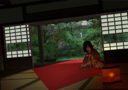 Rule 34 | 1girl, black hair, female focus, indoors, japanese clothes, kimono, lantern, mani tamlyn, nature, original, red kimono, sitting, sliding doors, solo, tatami, tree
