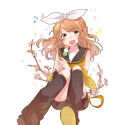 Rule 34 | 1girl, artist request, belt, bow, brown eyes, cosplay, detached sleeves, flower, food, headphones, highres, kagamine rin, kagamine rin (cosplay), kirahime milly-spica (uchi no hime-sama ga ichiban kawaii), open mouth, shorts, smile, solo, transparent background, uchi no hime-sama ga ichiban kawaii, vocaloid