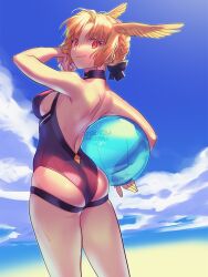 Rule 34 | 1girl, 2022, artist name, ass, ball, bare shoulders, beachball, blonde hair, blue sky, braid, breasts, closed mouth, cloud, dated, day, fate/grand order, fate (series), head wings, highres, holding, holding ball, looking at viewer, medium breasts, one-piece swimsuit, outdoors, purple one-piece swimsuit, red eyes, rindr (fate), short hair, sky, solo, standing, sweat, swimsuit, valkyrie (fate), wings, yuccoshi