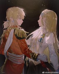 Rule 34 | 1boy, 1girl, akihare, black background, blonde hair, blue eyes, braid, breasts, cowboy shot, earrings, epaulettes, gloves, hair between eyes, hair ornament, hairclip, hand on another&#039;s hip, high collar, highres, jacket, jewelry, link, long hair, long sleeves, looking at another, looking away, low ponytail, medium breasts, medium hair, military jacket, nintendo, parted bangs, pointy ears, princess zelda, red jacket, sash, shirt, sidelocks, sparkle, the legend of zelda, the legend of zelda: breath of the wild, white gloves, white sash, white shirt