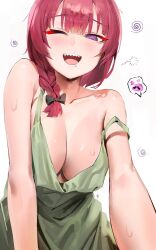 Rule 34 | 2girls, @ @, bocchi the rock!, braid, braided ponytail, breasts, cleavage, collarbone, dress, drooling, drunk, gotoh hitori, green dress, highres, hiroi kikuri, large breasts, long hair, looking at viewer, multiple girls, odyssey 21, off shoulder, one eye closed, open mouth, purple eyes, red hair, saliva, sharp teeth, sleeveless, smile, solo focus, squeans, sweat, teeth, upper teeth only