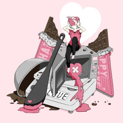 Rule 34 | arms up, barefoot, black pants, box, candy, chocolate, chocolate bar, food, haya-aporo, heart, heart-shaped box, highres, microwave, mixing bowl, original, pants, pink background, pink shirt, shirt, short hair, sitting, solo, spatula, valentine, weighing scale