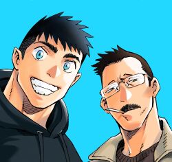 Rule 34 | 2boys, bara, black hair, blue eyes, brown hair, cigarette, couple, dickfish (fishismdick), facial hair, glasses, grin, highres, looking at viewer, male focus, mature male, multiple boys, mustache, non-web source, original, portrait, rottweil (dickfish), russell (dickfish), selfie, short hair, sideburns, smile, stubble, thick eyebrows, undercut, upper body, yaoi
