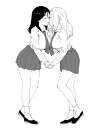 Rule 34 | 2girls, absurdres, black hair, blush, breasts, clara (girls und panzer), closed eyes, french kiss, girls und panzer, greyscale, holding hands, highres, kiss, large breasts, long hair, monochrome, multiple girls, necktie, nonna (girls und panzer), onsen tamago (hs egg), school uniform, shoes, simple background, skirt, socks, symbol-only commentary, tongue, white background, yuri