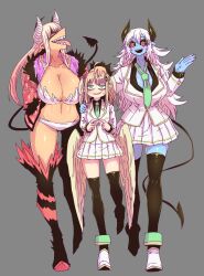 Rule 34 | 3girls, ahoge, angel, angel and devil, angel wings, aohada bocchi, black footwear, black horns, black sclera, black shirt, black tail, blonde hair, breasts, cleavage, colored sclera, colored skin, colorized, demon horns, demon tail, feathered wings, fur trim, green eyes, green necktie, grey background, gyaru, hand on another&#039;s shoulder, head wings, highres, horns, jacket, large breasts, lian (aohada bocchi), limited palette, long hair, multiple girls, necktie, pointy ears, revealing clothes, ruri (aohada bocchi), school uniform, sera (aohada bocchi), sharp teeth, shirt, smile, tail, teeth, white footwear, white hair, white horns, wings, zyugoya