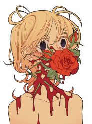 Rule 34 | bare shoulders, black eyes, bleeding, blonde hair, blood, blood on face, blue eyes, constricted pupils, covered mouth, empty eyes, flower, impaled, looking ahead, meremero, original, red flower, red rose, rose, short hair, simple background, solo, thorns, upper body, white background, wide-eyed