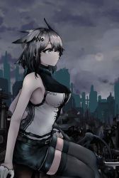 Rule 34 | 1girl, absurdres, arknights, bare arms, bare shoulders, black shorts, breasts, cloud, cloudy sky, commentary, feather hair, feet out of frame, from side, grey eyes, grey hair, greythroat (arknights), hair flaps, highres, large breasts, outdoors, shirt, short hair, short shorts, shorts, sitting, sky, sleeveless, sleeveless shirt, solo, thighhighs, thighs, vyragami