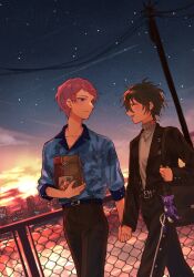 Rule 34 | 2boys, bag, belt, black pants, cable, chain-link fence, closed eyes, closed mouth, collared shirt, commentary request, ensemble stars!, fence, green hair, highres, holding, holding hands, itsuki shu, jewelry, kagehira mika, long sleeves, multiple boys, necklace, open mouth, outdoors, pants, pink hair, purple eyes, shirt, short hair, sky, star (sky), starry sky, turtleneck, valkyrie (ensemble stars!), wednesday 108, yaoi
