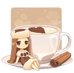 Rule 34 | 1girl, arm support, artist name, barefoot, blush, brown dress, brown eyes, brown hair, cappuccino, chibi, cinnamon stick, closed mouth, coffee cup, cup, dav-19, disposable cup, dress, food-themed clothes, fur-trimmed dress, fur hat, fur trim, hand on own knee, hat, heart, lace background, latte art, long hair, looking at viewer, original, personification, saucer, sitting, smile, solo, transparent background, very long hair, watermark, web address, white hat