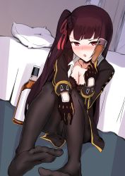 Rule 34 | 1girl, absurdres, bed, black bra, black pantyhose, blazer, blush, bra, breasts, cleavage, collarbone, collared shirt, cup, drunk, feet, girls&#039; frontline, glass, gloves, hair ribbon, half updo, highres, holding, holding cup, jacket, ky (ky990533), lingerie, long hair, looking at viewer, medium breasts, necktie, no shoes, one side up, open clothes, panties, panties under pantyhose, pantyhose, pillow, purple hair, red eyes, red ribbon, ribbon, shirt, sitting, solo, thighband pantyhose, underwear, wa2000 (girls&#039; frontline)