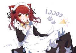 Rule 34 | 1girl, :o, animal ears, apron, black dress, black flower, black ribbon, black rose, bow, brown eyes, cat ears, commentary request, dress, flower, frilled apron, frills, guo582, hair flower, hair ornament, hair ribbon, highres, long sleeves, looking at viewer, maid, maid apron, maid headdress, original, parted lips, party popper, red hair, ribbon, rose, sakura soyoru (miyayoki), simple background, solo, translation request, twintails, white apron, white background, yellow bow