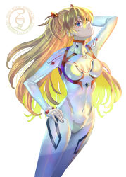 Rule 34 | 1girl, artist request, blue eyes, blush, bodysuit, breasts, brown hair, covered navel, cowboy shot, curvy, evangelion: 3.0+1.0 thrice upon a time, eyepatch, gloves, hair ornament, highres, long hair, looking at viewer, medium breasts, neon genesis evangelion, one eye covered, plugsuit, rebuild of evangelion, skin tight, solo, souryuu asuka langley, twintails, two side up, upper body, very long hair, white background, white bodysuit, white gloves