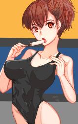 Rule 34 | 1girl, :o, bare shoulders, black one-piece swimsuit, covered navel, food, hair ornament, highres, one-piece swimsuit, persona, persona 3, persona 3 portable, pointy breasts, popsicle, red eyes, red hair, shiomi kotone, short hair, signature, solo, swimsuit, yaoto