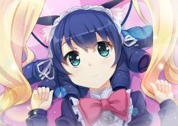 Rule 34 | 10s, 1girl, animal ears, bell, black hair, blonde hair, blush, bow, cat ears, curly hair, cyan (show by rock!!), female pov, gradient background, green eyes, hairband, long hair, looking at viewer, lying, on back, pov, pov hair, retoree (show by rock!!), show by rock!!, smile, solo, solo focus, sorano (12gou), yuri