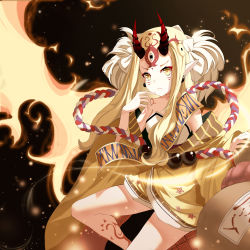Rule 34 | 1girl, absurdres, blonde hair, commentary request, earrings, facial mark, fate/grand order, fate (series), forehead tattoo, hand up, highres, horns, ibaraki douji (fate), jewelry, long hair, pointy ears, red horns, sidelocks, solo, tagme, tattoo, user ktxf5744, yellow eyes