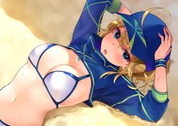 Rule 34 | 1girl, ahoge, arms up, artoria pendragon (fate), baseball cap, bikini, blonde hair, blue eyes, blue hat, blush, breasts, commentary request, fate/grand order, fate (series), hair between eyes, hands on headwear, hat, high collar, long sleeves, looking at viewer, lying, medium breasts, mirei, mysterious heroine x (fate), mysterious heroine xx (fate), navel, on back, open mouth, ponytail, sand, shadow, short hair, shrug (clothing), solo, sparkle, stomach, swimsuit, upper body, white bikini, wristband, zipper
