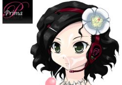 Rule 34 | 1girl, black hair, character name, closed mouth, collar, cum, cum in face, expressionless, facial, female focus, flower, glans, green eyes, hair flower, hair ornament, headphones, lowres, mascot, prima, primina, simple background, solo focus, surprised, vocaloid, white background