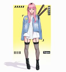 Rule 34 | 1girl, absurdres, artist name, barcode, black footwear, black hair, black thighhighs, blouse, blunt bangs, blunt ends, boots, brown eyes, collared shirt, denim, denim jacket, expressionless, garter straps, highres, hime cut, jacket, katana, looking at viewer, multicolored hair, open clothes, open jacket, original, oversized clothes, oversized shirt, patch, pink hair, roots (hair), see-through, see-through legwear, shirt, smiley face, solo, sword, sword behind back, thighhighs, translation request, two-tone hair, weapon, weapon on back, white shirt, yajuu (tristan maska)