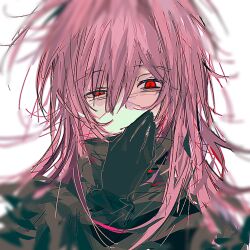 Rule 34 | 1boy, black capelet, black gloves, blurry, capelet, chinese commentary, closed mouth, commentary request, gloves, hair between eyes, hand to own mouth, long hair, male focus, nijou ryuu, panopticonn, patchwork skin, pink hair, portrait, red eyes, saibou shinkyoku, simple background, sketch, solo, uneven eyes, upper body, white background