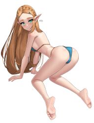 Rule 34 | 1girl, absurdres, all fours, artist name, ass, bare legs, barefoot, bikini, blonde hair, blue bikini, blush, braid, breasts, closed mouth, crown braid, feet, from behind, full body, green eyes, hair ornament, hairclip, highres, long hair, looking at viewer, looking back, nintendo, paid reward available, pointy ears, princess zelda, sidelocks, simple background, small breasts, smile, soles, swimsuit, the legend of zelda, the legend of zelda: breath of the wild, thighs, toes, white background, x xith x