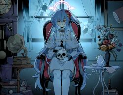 Rule 34 | 1girl, absurdres, aged up, alternate costume, blue archive, broken window, candle, candlestand, clock, commission, cup, highres, holding, holding skull, looking at viewer, maaki12, red eyes, school uniform, skull, smile, suzumi (blue archive), table, tea party (blue archive), teacup, teapot