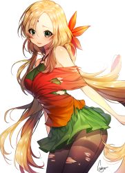 Rule 34 | 1girl, bad id, bad pixiv id, bare shoulders, black pantyhose, blonde hair, blush, dress, facial mark, forehead mark, green eyes, long hair, looking at viewer, low twintails, open mouth, original, pantyhose, simple background, solo, sukja, thighband pantyhose, torn clothes, torn dress, torn pantyhose, twintails, very long hair