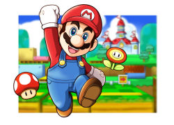Rule 34 | 1boy, :d, arm up, ayakabu, bad id, bad pixiv id, blue eyes, blurry, brown hair, clenched hands, depth of field, facial hair, fire flower, flower, gloves, hat, highres, male focus, mario, mario (series), mushroom, mustache, nintendo, open mouth, outside border, overalls, raised fist, smile, solo, super mario 3d land, super mario bros. 1, super mushroom, super smash bros., white gloves