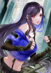 Rule 34 | 1girl, bare shoulders, black gloves, black hair, black skirt, blue sweater, bracelet, breasts, cleavage, commentary, elbow gloves, fighting stance, final fantasy, final fantasy vii, final fantasy vii ever crisis, fingerless gloves, gloves, hair behind ear, harness, highres, jewelry, long hair, looking at viewer, low-tied long hair, medium breasts, midriff, navel, off-shoulder sweater, off shoulder, official alternate costume, open mouth, outdoors, quichi 91, red eyes, skirt, solo, suspender skirt, suspenders, sweater, swept bangs, teeth, tifa lockhart, tifa lockhart (metalfoot), upper body, upper teeth only