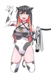 Rule 34 | 1girl, animal ears, animal print, black hair, breast pump, commentary request, cow ears, cow horns, cow print, cow tail, cropped legs, elbow gloves, fake animal ears, fake horns, fang, gloves, horns, kantai collection, long hair, looking at viewer, milking machine, multicolored hair, naganami (kancolle), one-piece swimsuit, pink hair, smile, solo, standing, swimsuit, tail, tamu (mad works), thighhighs, waving, white gloves, white thighhighs