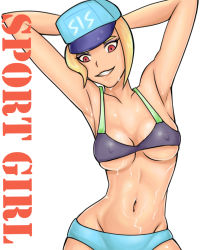Rule 34 | 1girl, armpits, arms behind head, arms up, bikini, blonde hair, breasts, covered erect nipples, curvy, eyebrows, eyelashes, eyeliner, hat, lips, looking down, makeup, medium breasts, navel, original, red eyes, saberrung, simple background, smile, solo, stomach, sweat, swimsuit, teeth, underboob, wet, white background