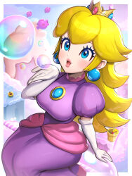 Rule 34 | 1girl, absurdres, blonde hair, bloomp, blue eyes, blush, breasts, bubble, blowing bubbles, bubble peach, cloud, commentary request, crown, dot nose, earrings, elbow gloves, flower, gloves, gonzarez, highres, jewelry, koopa troopa, large breasts, long hair, mario (series), nintendo, open mouth, parted bangs, pink lips, princess peach, sitting, snow, solo, super mario bros. wonder, talking flower (mario), warp pipe, white gloves