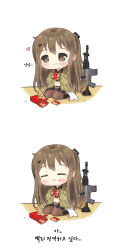 Rule 34 | 1girl, :t, assault rifle, bad id, bad pixiv id, black footwear, black gloves, blush, boots, brown eyes, brown hair, brown pantyhose, closed eyes, closed mouth, commentary request, daewoo k2, eating, fingerless gloves, food, food on face, foreign blue, girls&#039; frontline, gloves, green jacket, gun, hair ornament, hairclip, highres, holding, jacket, k2 (girls&#039; frontline), korean commentary, korean text, long hair, long sleeves, midriff, navel, open clothes, open jacket, pantyhose, parted lips, rifle, seiza, sitting, sleeves past wrists, tears, translated, very long hair, wavy mouth, weapon