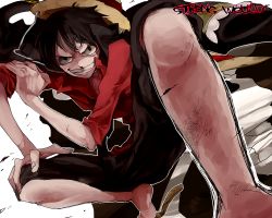 Rule 34 | 1boy, bad id, bad pixiv id, black hair, english text, engrish text, fighting stance, flag, from below, grin, hat, male focus, mapi, monkey d. luffy, one piece, one piece: strong world, pirate, ranguage, red eyes, red shirt, sandals, shirt, shorts, smile, solo, spread legs, squatting, straw hat, unbuttoned