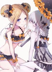 Rule 34 | 2girls, abigail williams (fate), alternate hairstyle, bags under eyes, bare shoulders, bikini, black bikini, black bow, blonde hair, blue eyes, blush, bow, braid, closed mouth, double bun, fate/grand order, fate (series), forehead, frilled bikini, frills, hair bow, hair bun, horns, interlocked fingers, lavinia whateley (emerald float) (fate), lavinia whateley (fate), long hair, looking at viewer, looking to the side, miniskirt, multiple girls, official alternate costume, orange bow, pale skin, parasol, parted bangs, polka dot, polka dot bow, purple eyes, single horn, skirt, smile, swimsuit, thighs, umbrella, wide-eyed, yukimiya yuge