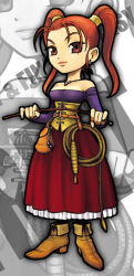 Rule 34 | 1girl, breasts, cleavage, corset, dragon quest, dragon quest viii, dress, female focus, full body, itadaki street, jessica albert, long sleeves, medium breasts, official art, partially colored, purple shirt, red eyes, red hair, shirt, solo, square enix, standing, strapless, strapless dress, twintails, whip, zoom layer