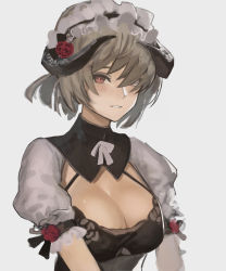 Rule 34 | 1girl, absurdres, blush, breasts, cleavage, flower, grey background, hair between eyes, hair over one eye, hat, hat flower, highres, honkai (series), honkai impact 3rd, horns, large breasts, looking at viewer, maid, maid headdress, parted lips, puffy short sleeves, puffy sleeves, red flower, reido (reido c), rita rossweisse, rose, short hair, short sleeves, simple background, solo, upper body