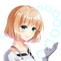 Rule 34 | 1girl, blonde hair, blunt bangs, blush, bob cut, closed mouth, collarbone, cube, emblem, floating, floating object, gloves, glowing, green eyes, grey gloves, hand up, huyumitsu, lips, looking at viewer, nasu rei, no pupils, short hair, simple background, smile, solo, upper body, white background, world trigger
