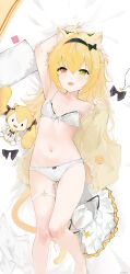 Rule 34 | 1girl, absurdres, adjusting bra, adjusting clothes, ahoge, animal ears, arms up, bed sheet, black ribbon, blonde hair, bow, bow bra, bow panties, bra, breasts, cardigan, cat ears, cat girl, cat tail, chinese commentary, citrus (pixiv 32844232), commentary request, crotch seam, doll, fang, from above, green eyes, hair ornament, hair ribbon, hairclip, half-closed eyes, heterochromia, highres, lace, lace-trimmed bra, lace trim, long hair, looking at viewer, lying, navel, on back, on bed, open mouth, original, panties, pillow, red eyes, ribbon, skirt, small breasts, smile, solo, strap slip, tail, thigh gap, twitter username, underwear, underwear only, unworn clothes, unworn skirt, white bra, white panties, yellow cardigan